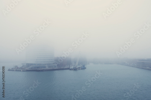 Photography Image of the Nordo Building in Copenhagen, Denmark, during a foggy boat trip to