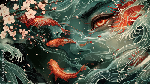 Koi fish in pond with face of woman illustration
