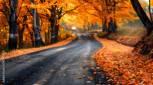 A winding country road lined with trees ablaze in vibrant autumn colors, with golden leaves carpeting the ground