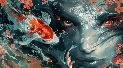 Koi fish in pond with face of woman illustration