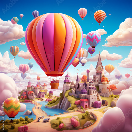 Whimsical hot air balloons floating above a candylike city photo