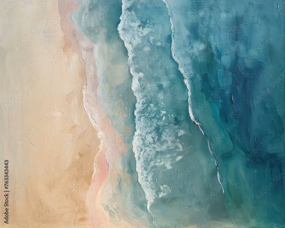 An abstract aerial view of a beach, where the sea meets the sand in gentle pastel gradients,