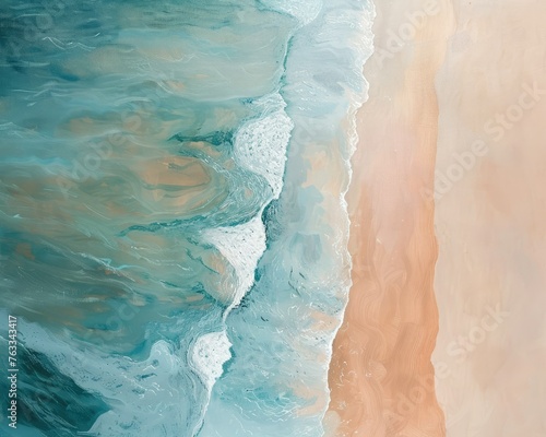 An abstract aerial view of a beach, where the sea meets the sand in gentle pastel gradients,