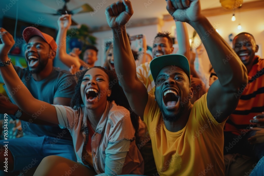 A group of friends cheering and laughing while watching sports on TV at home