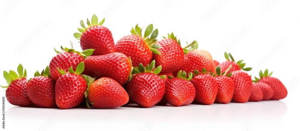 Close up of a heap of strawberries with foliage on top Close up of a heap of strawberries with foliage on top
