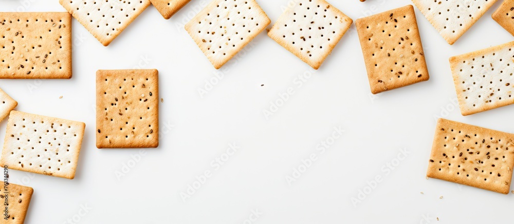 Group of assorted crackers on a white surface