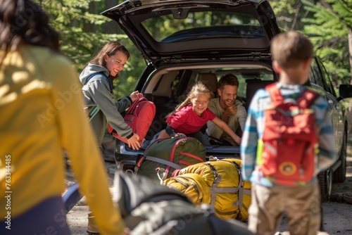 A family of five preparing for an outdoor adventure gathered around the trunk
