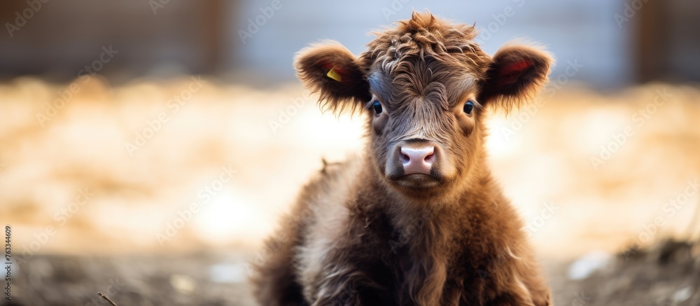 Fototapeta premium A brown cow resting in the soil