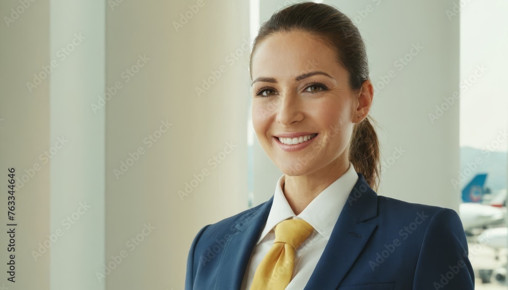  A female businesswoman wearing a blue suit and a red tie, facing the window with a airplane in the background