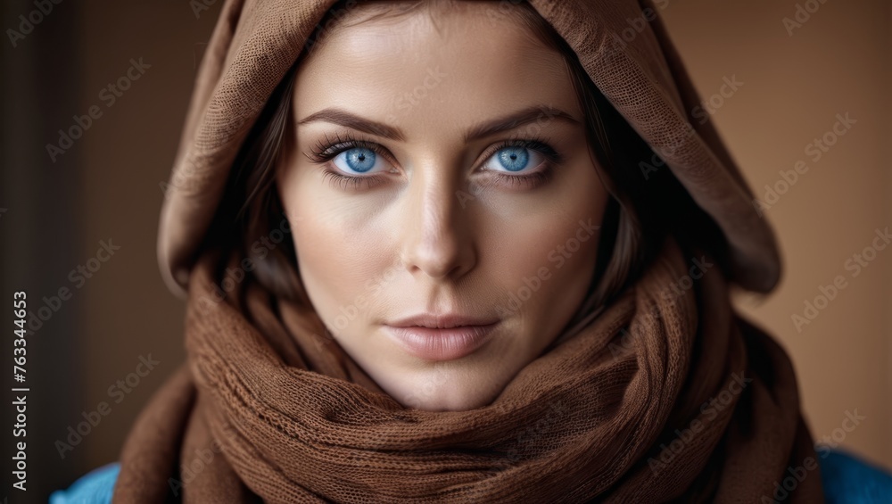 A woman with blue eyes wears a brown scarf, a blue shirt with a hood, and it's placed over her head A woman with blue eyes wears a brown scarf, a blue shirt with a hood, and it's placed over her head