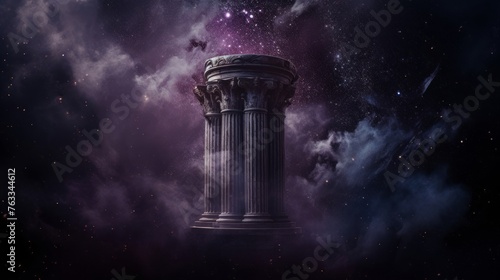 Against swirling cosmic nebulae a Doric column stands in otherworldly beauty