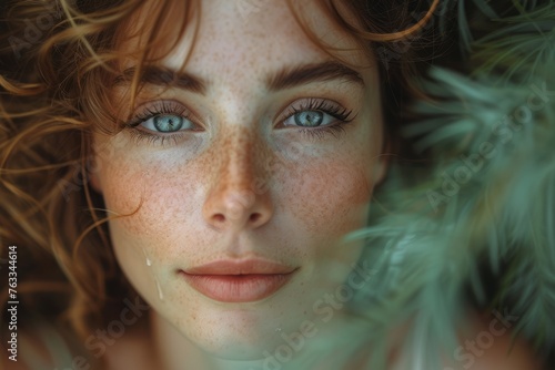 Close-up portrait of a beautiful blue-eyed girl with wavy hair.