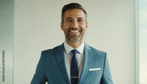  A man in a suit smiles at the camera, keeping his hands in his pockets photo