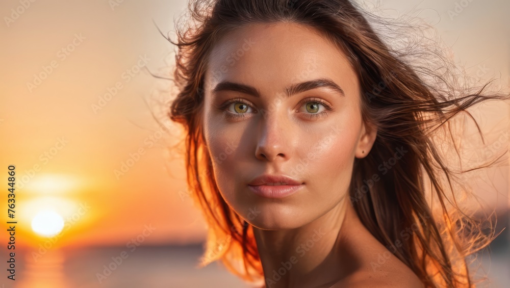 A woman's face, partially illuminated by the sun, with water in the background A woman's face, partially illuminated by the sun, with water in the background