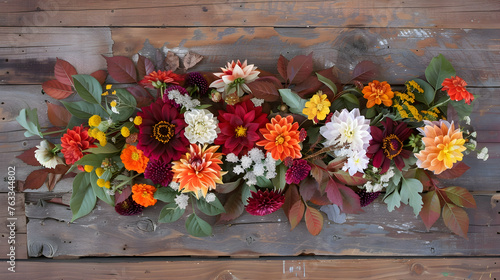 An overhead view of a rustic wooden table adorned with an eclectic mix of fall florals  including dahlias  chrysanthemums  and zinnias  creating a captivating boho-inspired centerpiece