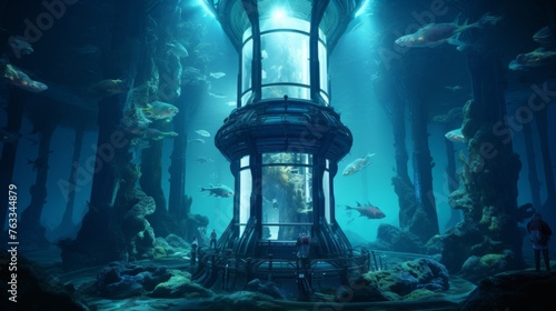 Futuristic underwater research surrounds ancient Doric column