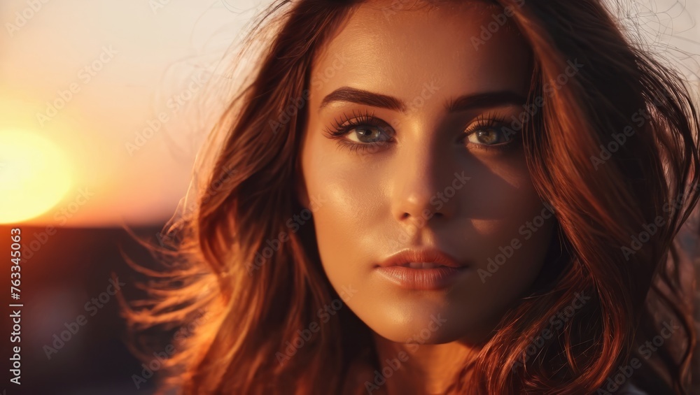 A photo of a woman's face, illuminated by the sun, with her hair flying in the wind A photo of a woman's face, illuminated by the sun, with her hair flying in the wind
