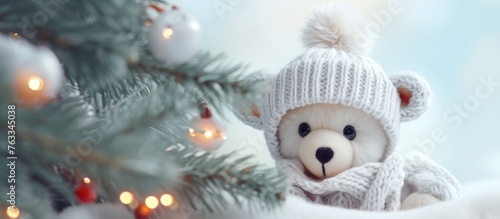 Teddy bear with knitted hat and scarf