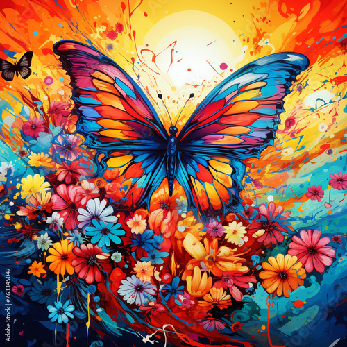 Abstract painting with vibrant colors of butterflies and blooming flowers.