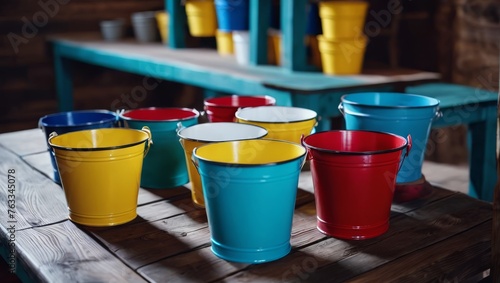 A vibrant set of buckets resting on a wooden table, positioned before a blue-yellow bench © Albert