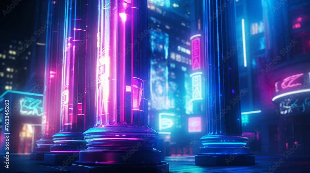 Doric column stands in cyberpunk city neon glow and holographic ads abound