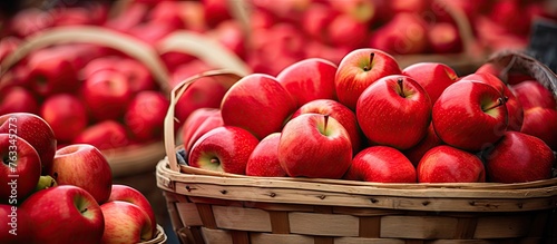 Baskets of red apples stacked on market table