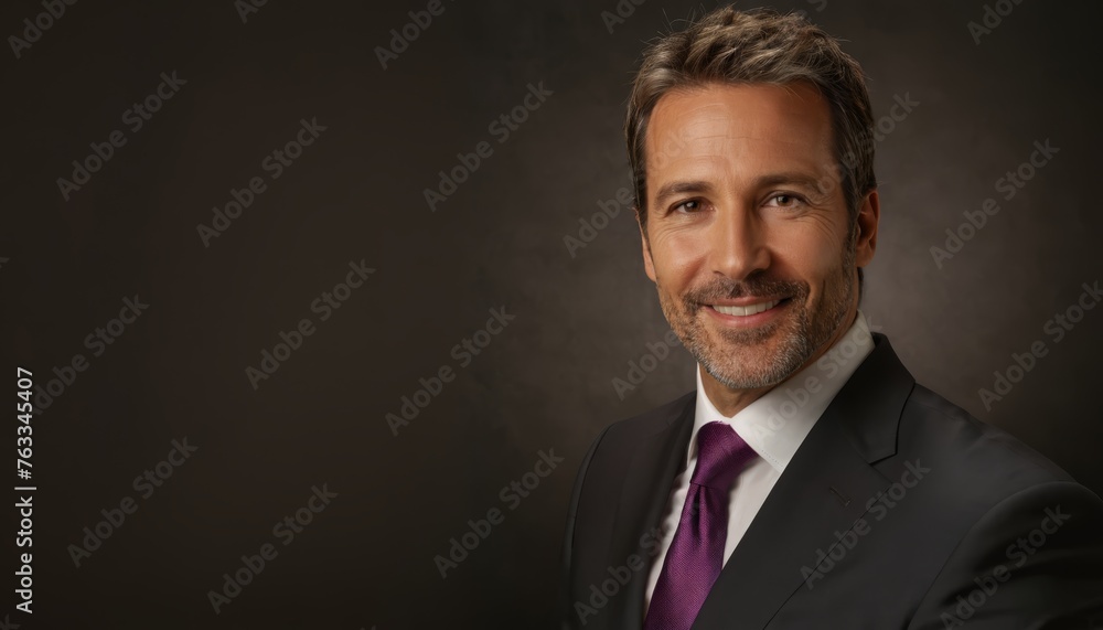 A photo of a man in business attire, smiling against a dark backdrop A photo of a man in business attire, smiling against a dark backdrop
