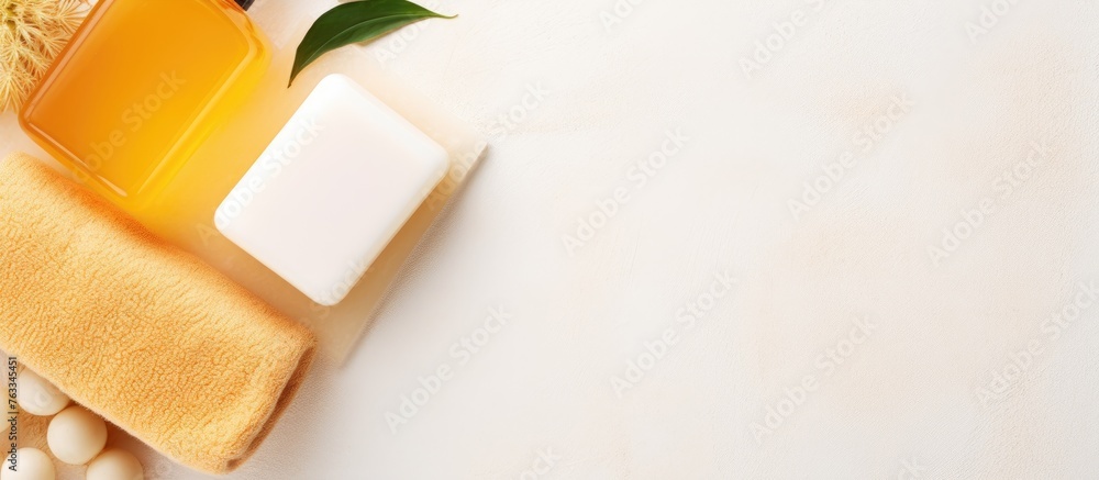 Soap bar and towel on table Soap bar and towel on table