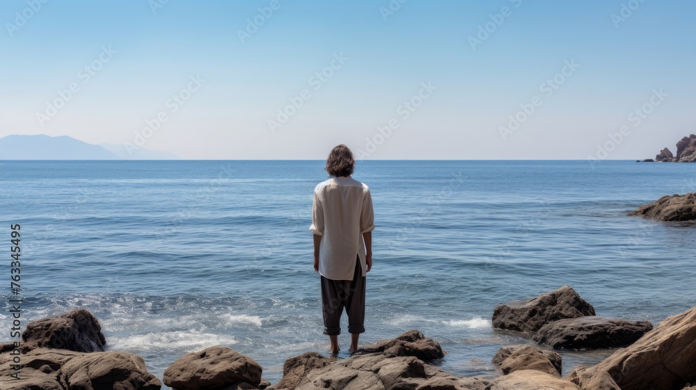 Philosopher gazes at the sea horizon sparking deep existential musings Philosopher gazes at the sea horizon sparking deep existential musings