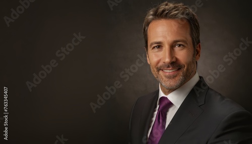  A photo of a man in business attire, smiling against a dark backdrop