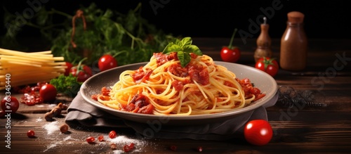 Spaghetti plate with fresh tomatoes and garnish