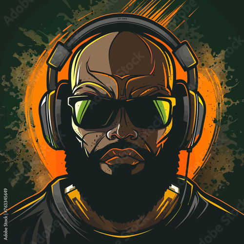 Bald African Man with Headphones and Glasses Logo For Musician 