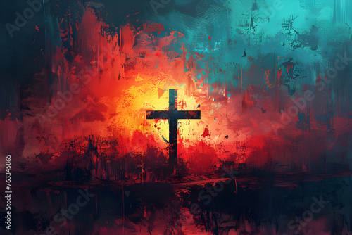 An abstract painting with a cross, representing Christian belief and spirituality.