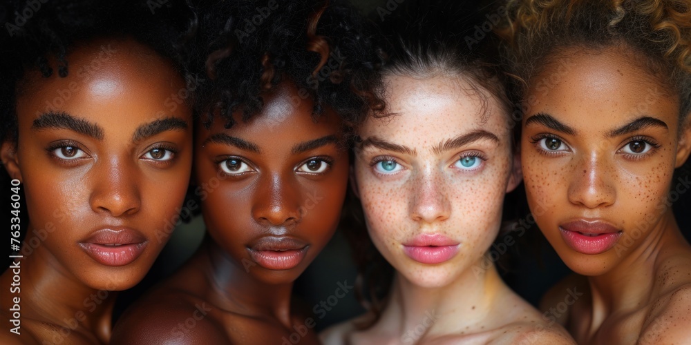 Fototapeta premium Women of diverse ethnic backgrounds stand together, showcasing a range of skin tones