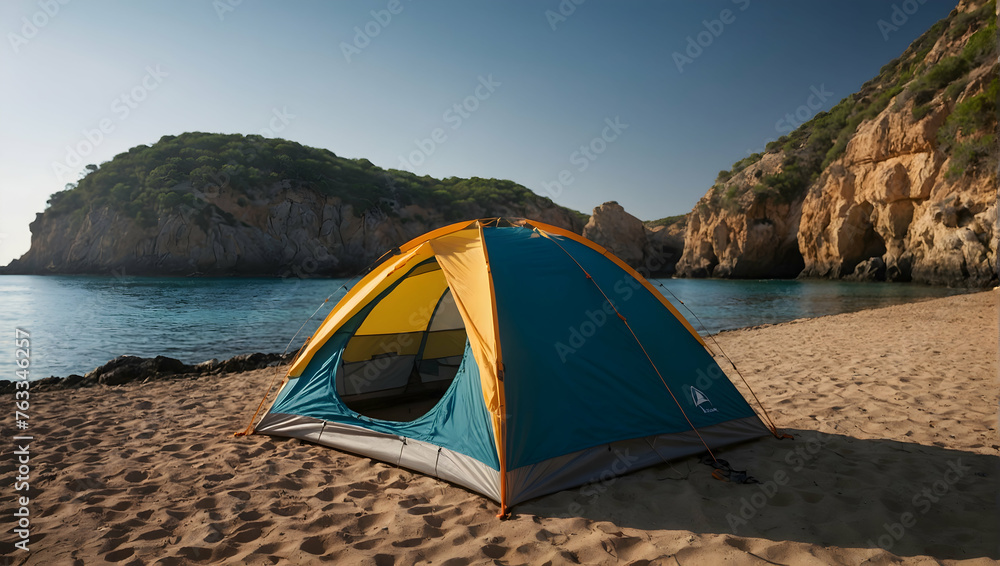 Photo real with travel theme for Cove Camper Concept as A tent pitched by a secluded cove with a backpack resting outside.  ,Full depth of field, clean light, high quality ,include copy space, No nois