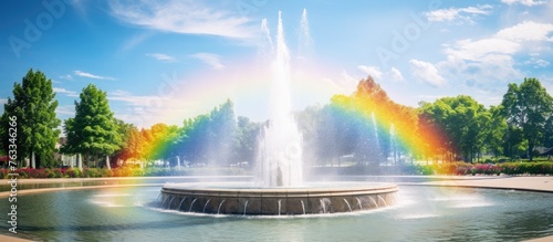 A colorful fountain amidst park trees with a radiant rainbow