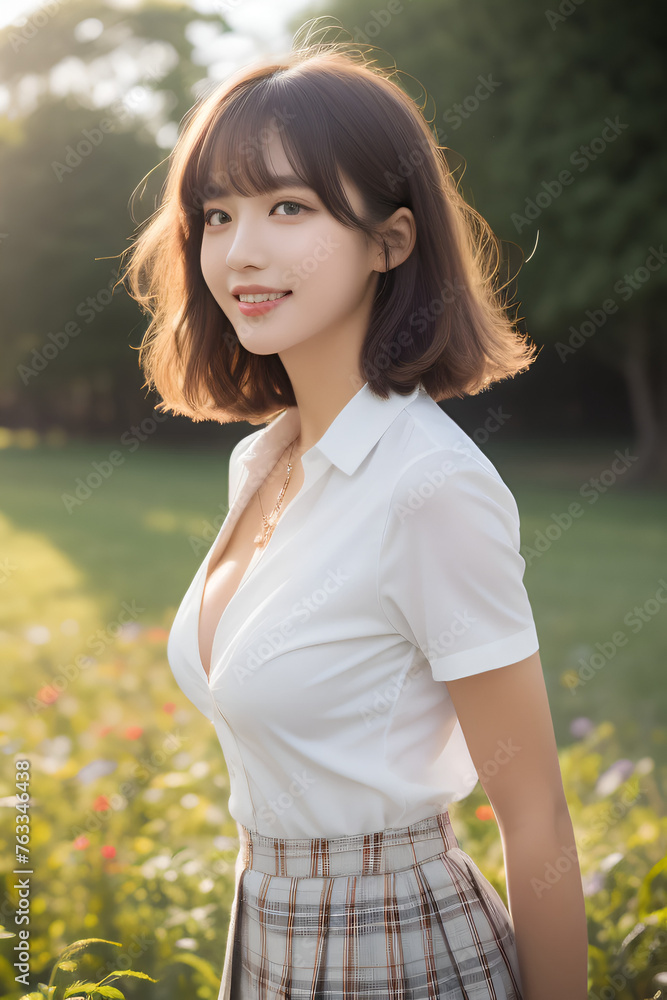 A young woman with brown shoulder-length hair exudes a happy, relaxed expression while wearing casual summer fashion - a white blouse and plaid skirt - during an outdoor portrait set amidst a park A young woman with brown shoulder-length hair exudes a happy, relaxed expression while wearing casual summer fashion - a white blouse and plaid skirt - during an outdoor portrait set amidst a park