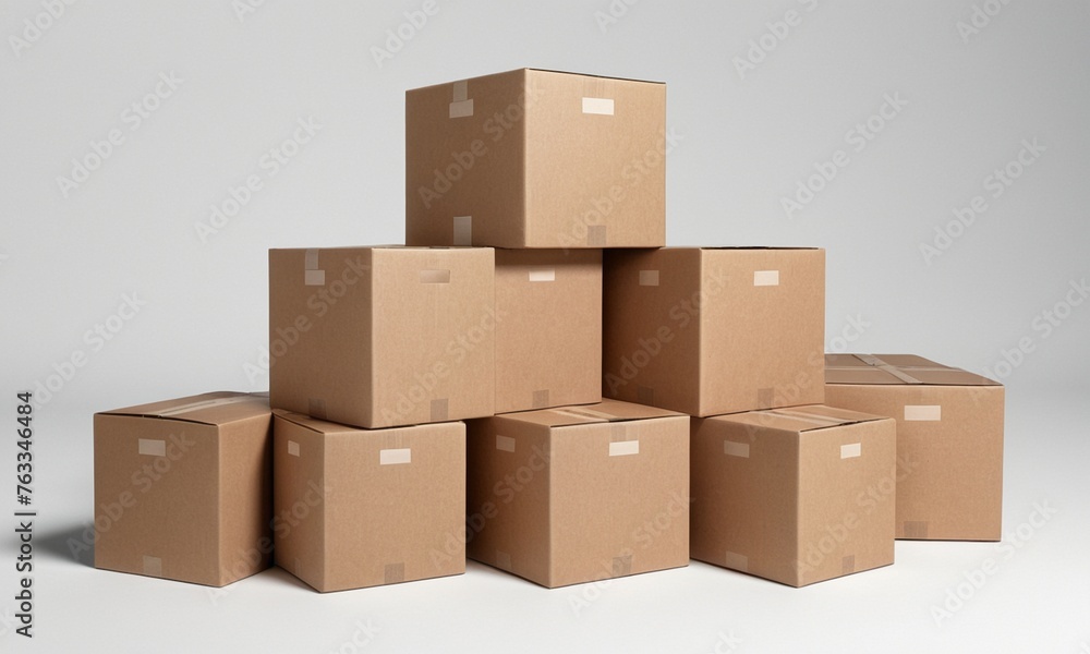 Cardboard boxes stacked in a row on white background.