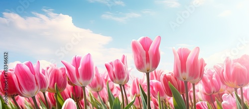 Pink tulips in a field under blue sky