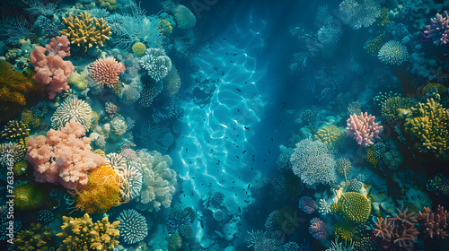Top view capturing the intricate details of a coral reef  space allocated for copy  strictly no text  logos  brand marks  or letters  16k sharpness  cinematic depth  natural hues