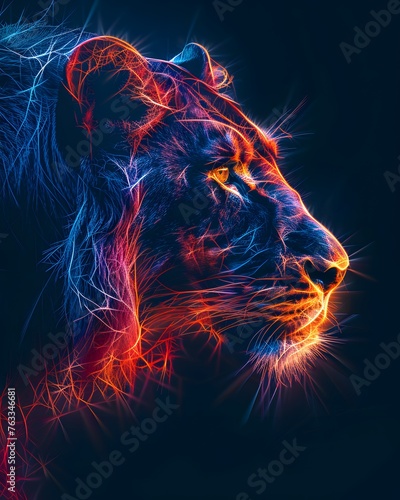 Colorful wild lion. Pop art futuristic style in neon colors. 
