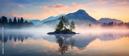 Island in Lake with Mountain View