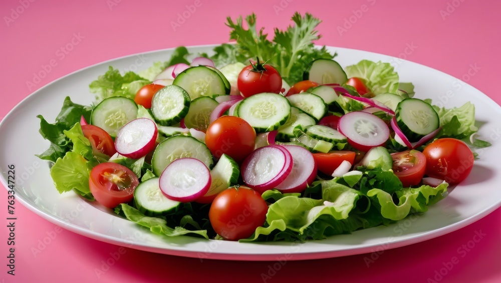 A white plate holds a salad of cucumber, tomato, and lettuce on a pink background A white plate holds a salad of cucumber, tomato, and lettuce on a pink background