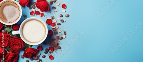 Two cups of coffee and red roses on a blue background