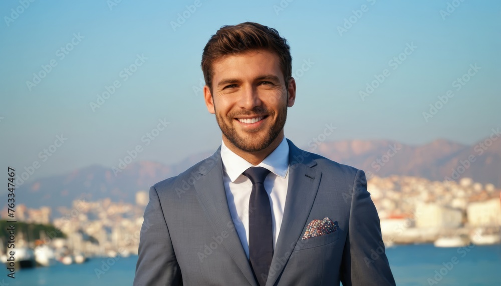  A person wearing business attire facing a water body against a cityscape backdrop