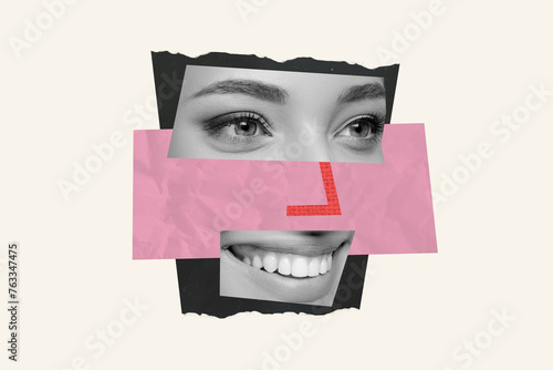 Composite photo collage of parts of a woman face makeup eyes eyelashes smile lips teeth happy joy positive isolated on painted background