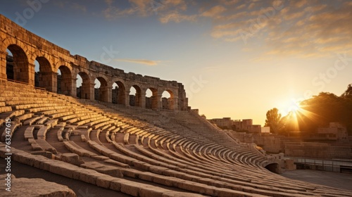 Sunrise lights up Greek amphitheater excited audience gathers