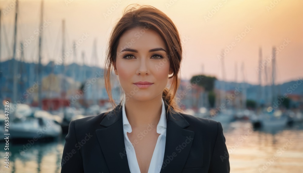  A woman in a suit by water with numerous boats behind