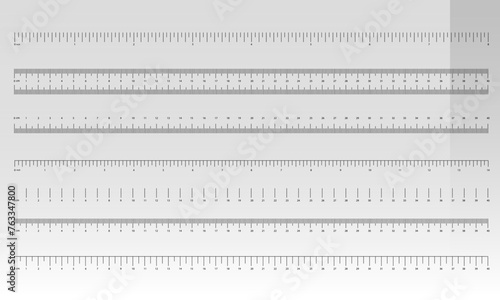 Ruler. Set of rulers. Measuring tool. Ruler scale. Mesh centimeter, inch. Size indicator blocks. Metric centimeter, inch size indicators. Vector