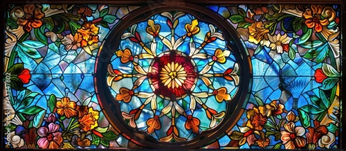A stunning stained glass window in the style of the Victorian era decorates the space with its delicate floral motifs and lush greenery. Intricate patterns and rich colors against the blue sky photo